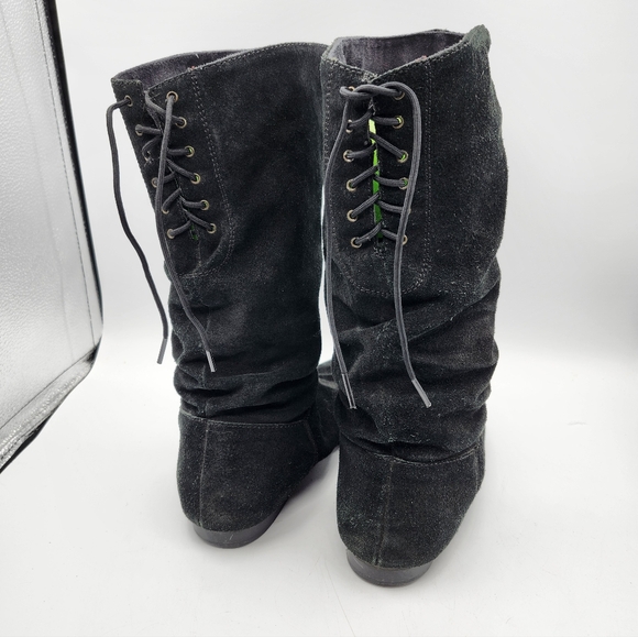 Black Suede Slouch Boots Back Lace Up Detail Flats Sz 8 - Picture 3 of 6